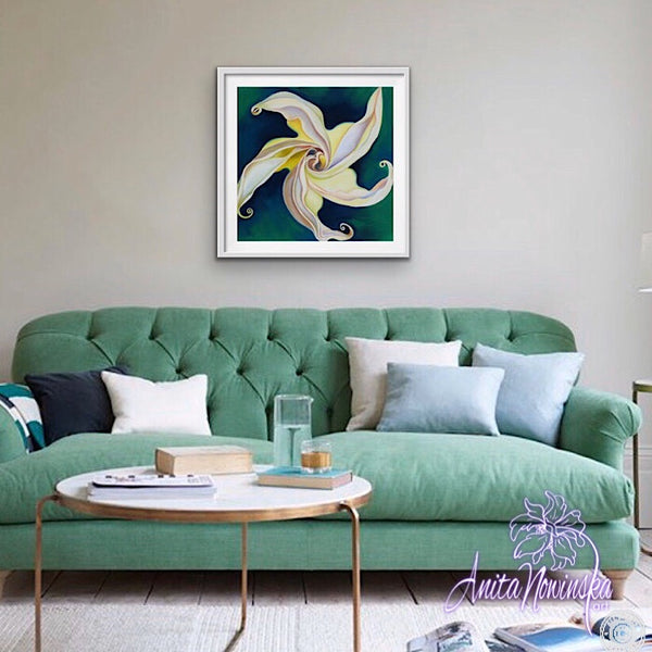 white convulvulus on green-Psyche folower painting by Anita Nowinska