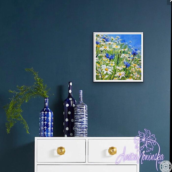 framed print, meadow flower painting with daisies & cornflowers Anita Nowinska