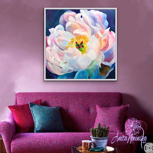 big oil on canvas flower painting of peony by Anita Nowinska
