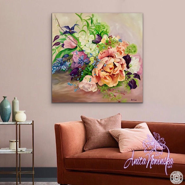 Wedding bouquet floral painting by Anita Nowinska. Big flower painting in oil on canvas of Spring flowers, tulip, clematis & sweet peas