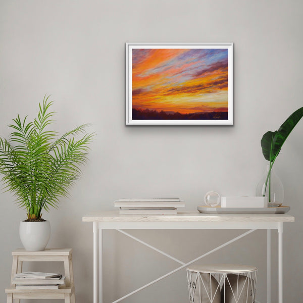Framed print of blazing orange sunset painting