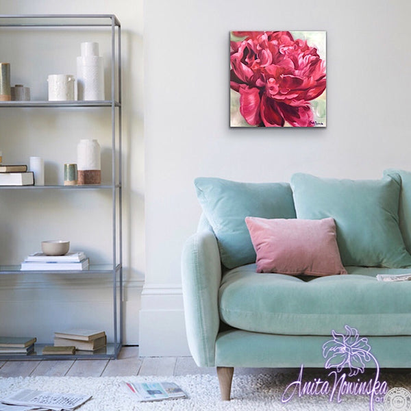 Beautiful oil painting of deep red peony on a pale green background, flower painting by Anita Nowinska for interior wall decor