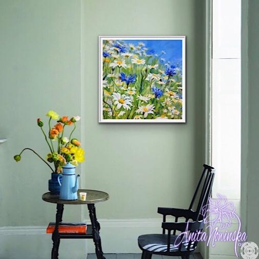framed print, meadow flower painting with daisies & cornflowers Anita Nowinska