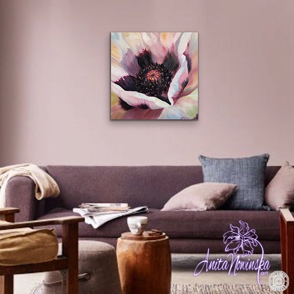 Beautiful sensual oil painting, flower painting of the middle of an oriental poppy with tones off peach, pink, lilac, yellow by anita nowinska