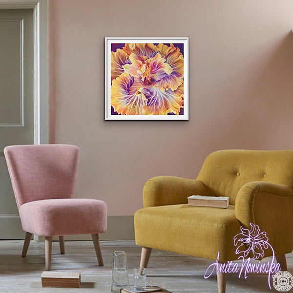 flamboyance- orange & purple hibiscus flower painting by Anita Nowinska