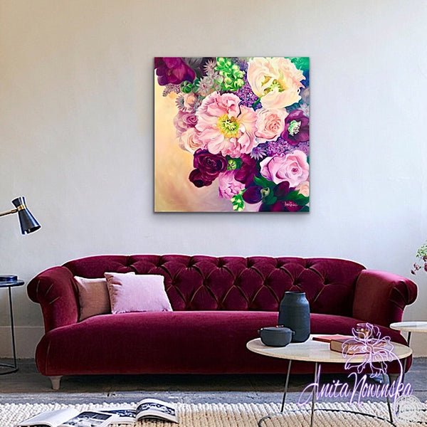 Big flower painting of wedding bouquet with California poppy, hellebores, lilacs & roses in pinks & cerise & peach.