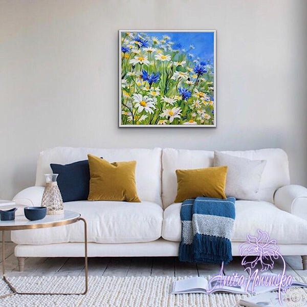 meadow flower painting with daisies & cornflowers Anita Nowinska