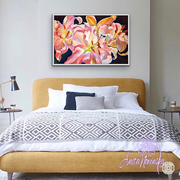 Triumph- Pink lilies big flower painting by Anita Nowinska