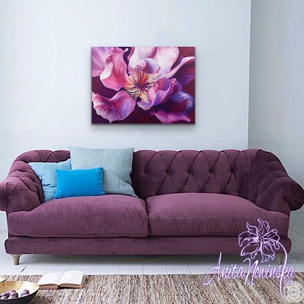 Sensation- Big flower painting of cerise pink magnolia grandiflora by Anita Nowinska