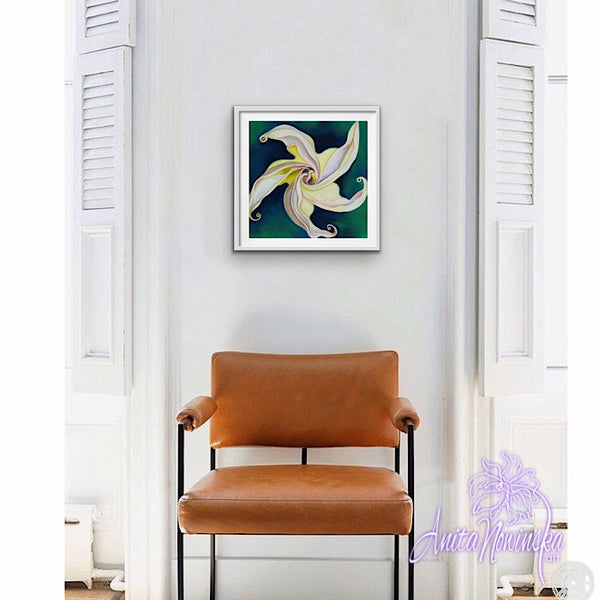 white convulvulus on green-Psyche folower painting by Anita Nowinska