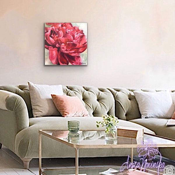 Beautiful oil painting of deep red peony on a pale green background, flower painting by Anita Nowinska for interior wall decor