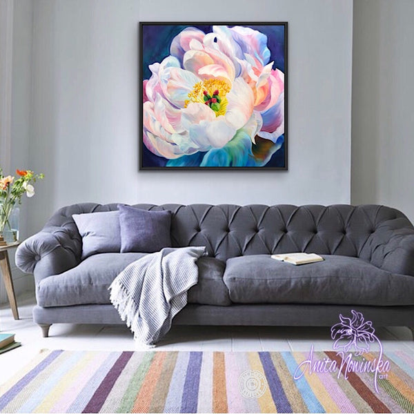 Big flower painting, oil on canvas of peony flower in full bloom by Anita Nowinska