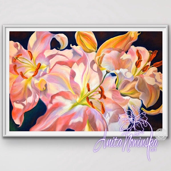 Triumph- Pink lilies big flower painting by Anita Nowinska