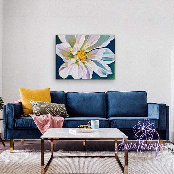 Canvas print of white cosmos flower painting by Anita Nowinska