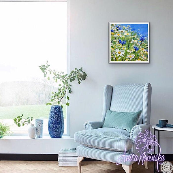 framed print, meadow flower painting with daisies & cornflowers Anita Nowinska