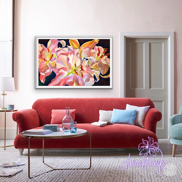 Triumph- Pink lilies big flower painting by Anita Nowinska