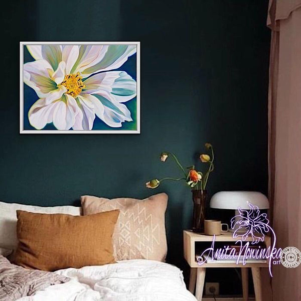 white cosmos flower painting by Anita Nowinska