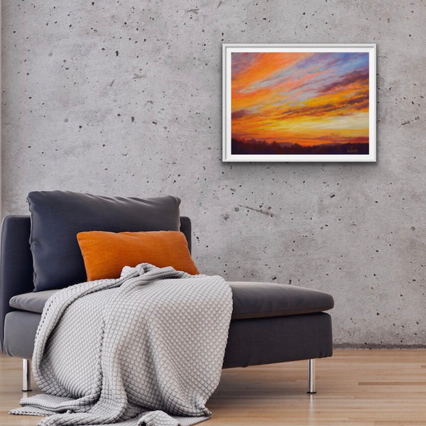 Framed print of blazing orange sunset painting