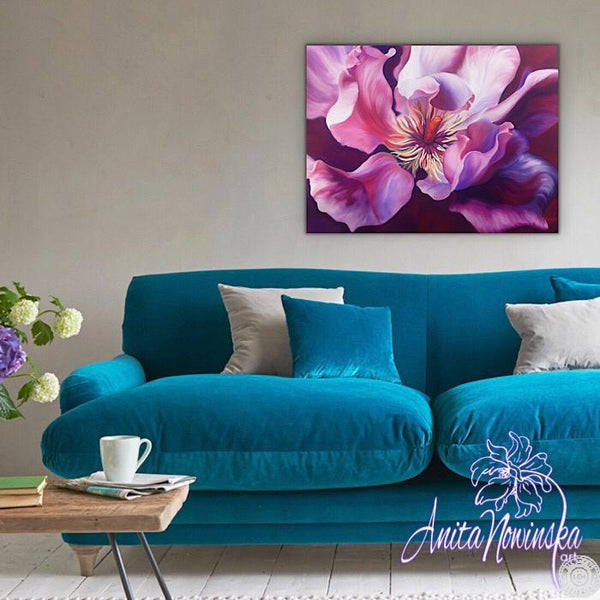 Sensation- Big flower painting of cerise pink magnolia grandiflora by Anita Nowinska