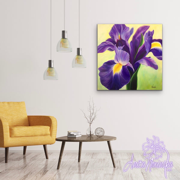 A Deep purple iris with flash of yellow in an oil on canvas flower painting by Anita.