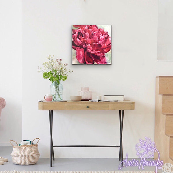 oil on canvas of red peony on pale green by Anita Nowinska
