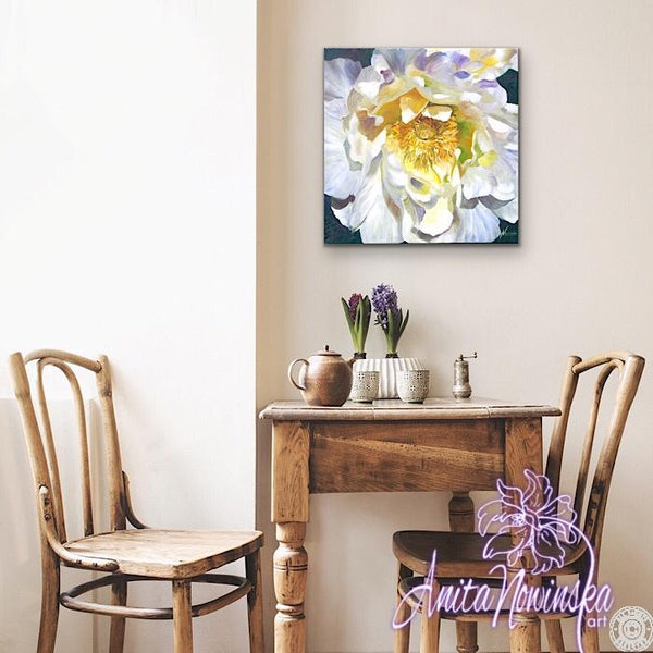 flower painting of white peony in oil on canvas by Anita Nowinska