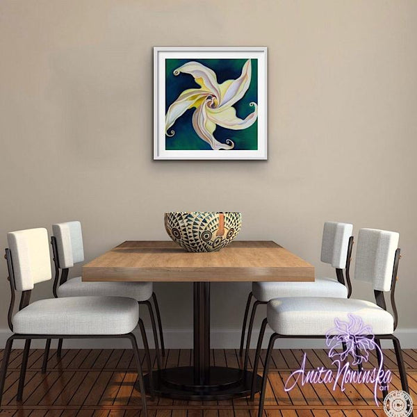 white convulvulus on green-Psyche folower painting by Anita Nowinska