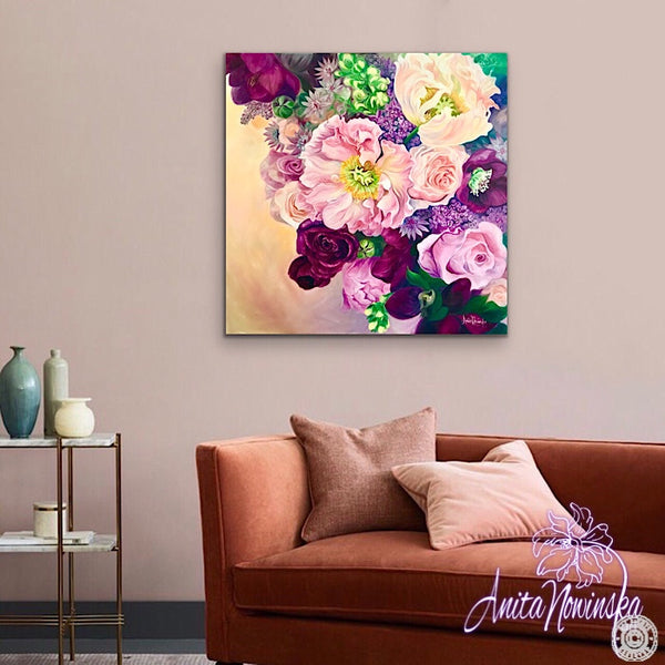 Big flower painting of wedding bouquet with California poppy, hellebores, lilacs & roses in pinks & cerise & peach.