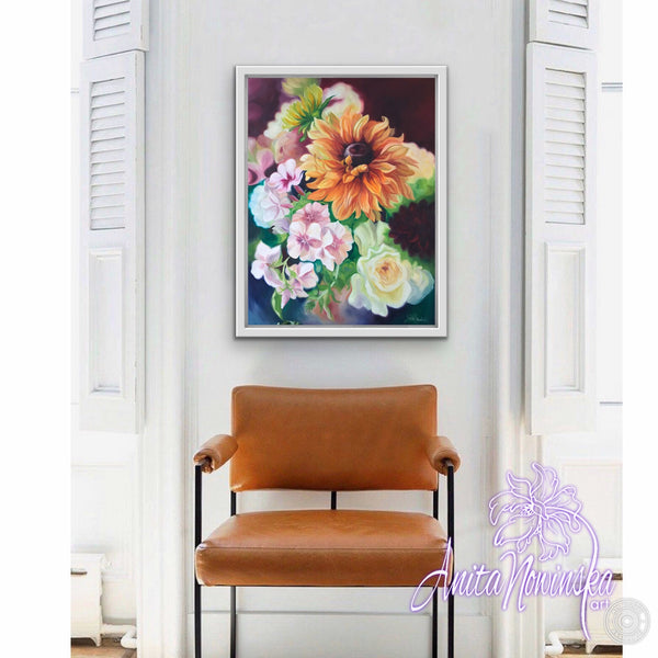 beautiful original oil on canvas floral painting of Rudbeckia, phlox & roses by Anita Nowinska, interior decor wall Art
