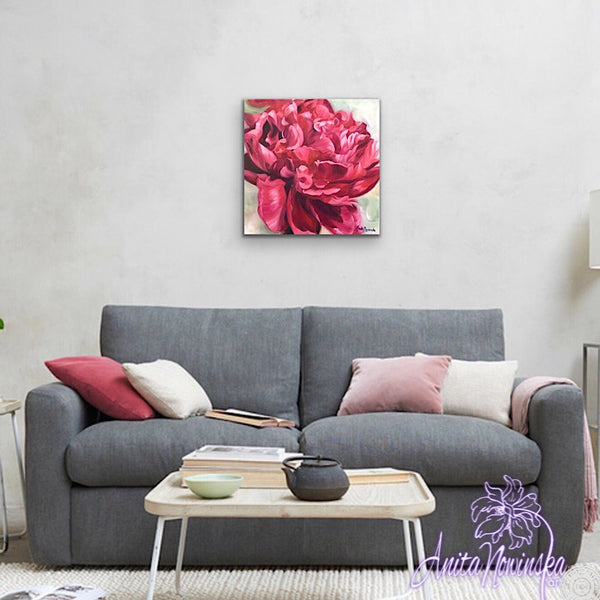 oil on canvas of red peony on pale green by Anita Nowinska