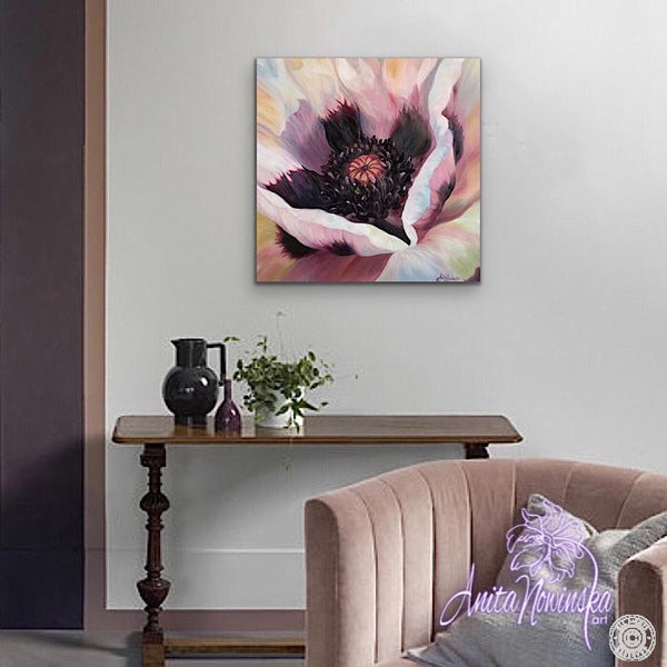 Beautiful sensual oil painting, flower painting of the middle of an oriental poppy with tones off peach, pink, lilac, yellow by anita nowinska