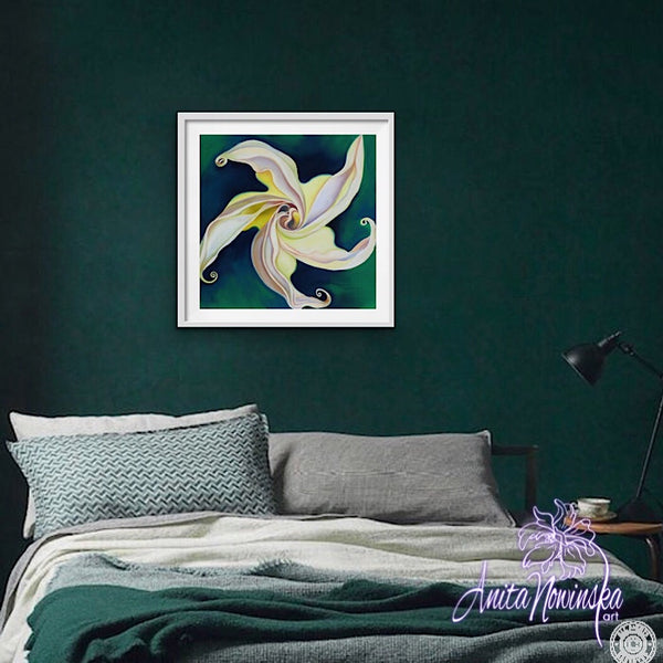 white convulvulus on green-Psyche folower painting by Anita Nowinska