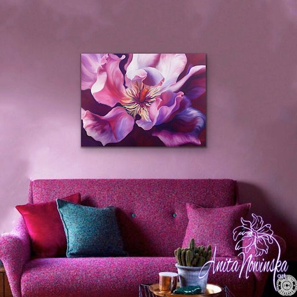 Sensation- Big flower painting of cerise pink magnolia grandiflora by Anita Nowinska