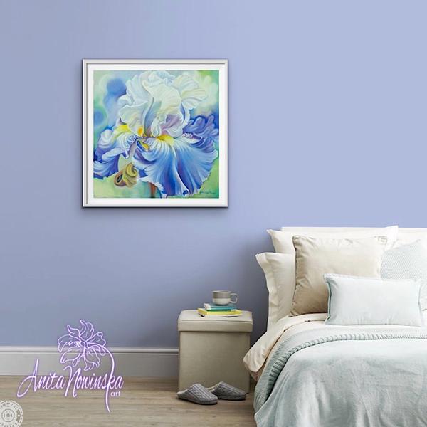 big flower painting of pale blue iris by Anita Nowinska