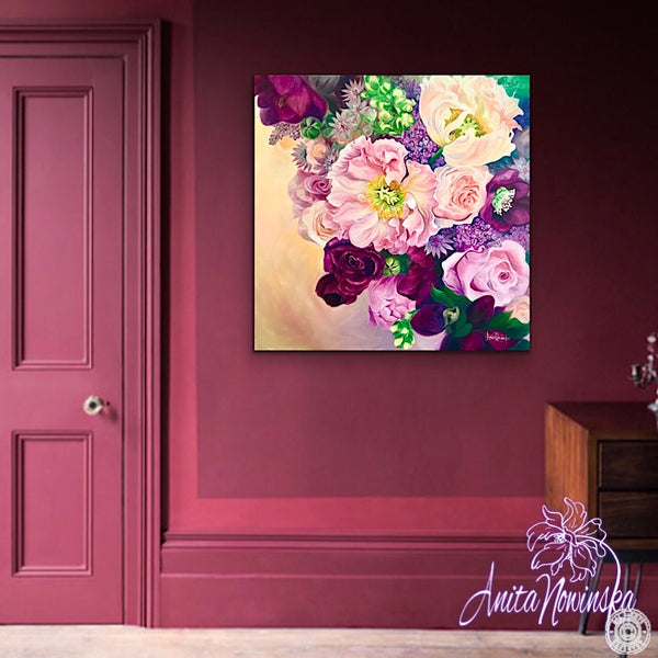 Big flower painting of wedding bouquet with California poppy, hellebores, lilacs & roses in pinks & cerise & peach.