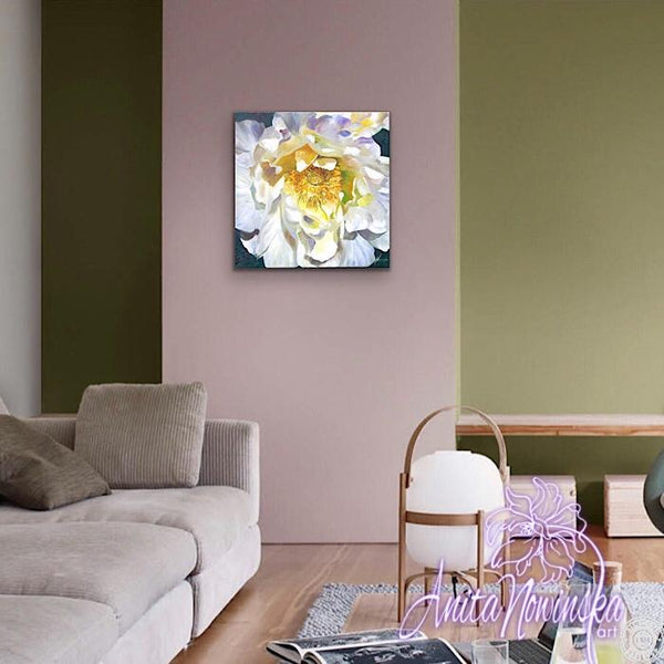 flower painting of white peony in oil on canvas by Anita Nowinska