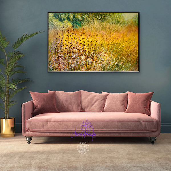 Autumn meadow painting on canvas with grasses & seed heads by anita nowinska