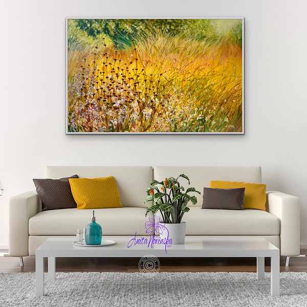 Autumn meadow painting on canvas with grasses & seed heads by anita nowinska