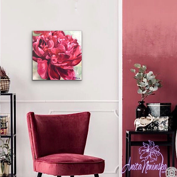 Beautiful oil painting of deep red peony on a pale green background, flower painting by Anita Nowinska for interior wall decor