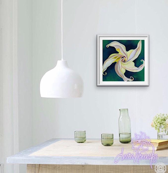 white convulvulus on green-Psyche folower painting by Anita Nowinska