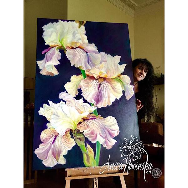 Big flower painting of irises on dark background by Anita Nowinska