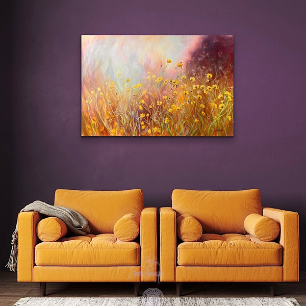 Buttercup wild flower meadow painting on canvas by anita nowinska