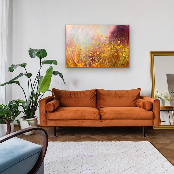 Buttercup wild flower meadow painting on canvas by anita nowinska
