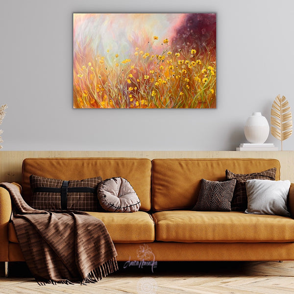 Buttercup wild flower meadow painting on canvas by anita nowinska