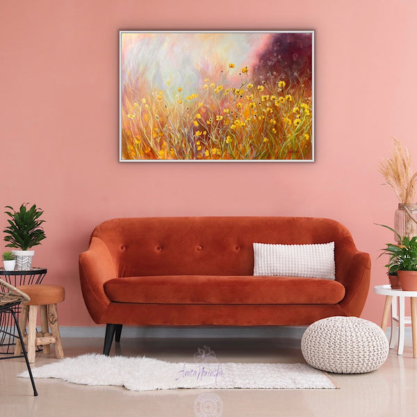 Buttercup wild flower meadow painting on canvas by anita nowinska