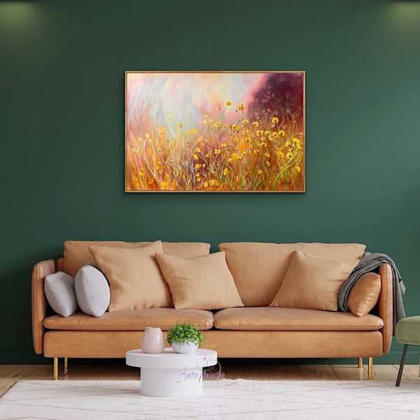 Buttercup wild flower meadow painting on canvas by anita nowinska
