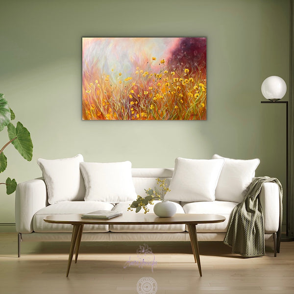 Buttercup wild flower meadow painting on canvas by anita nowinska