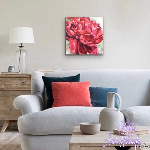 Beautiful oil painting of deep red peony on a pale green background, flower painting by Anita Nowinska for interior wall decor