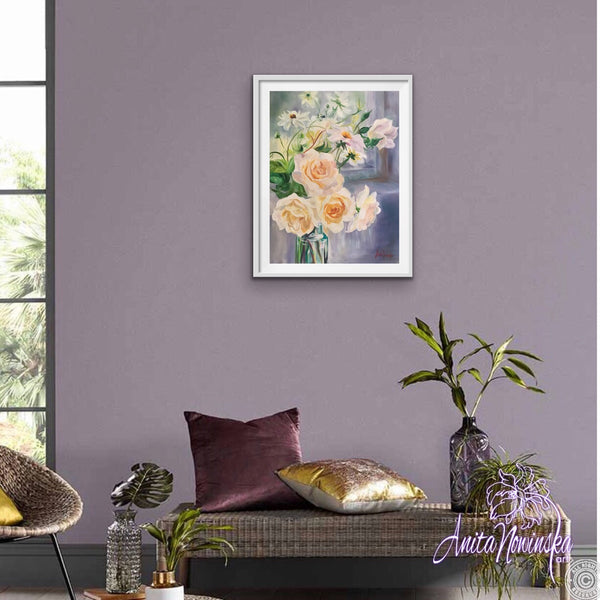 A3 limited edition print framed of Delicate still life flower painting of pale peach roses and Dahlias in a glass bottle by a windowsill by Anita Nowinsak