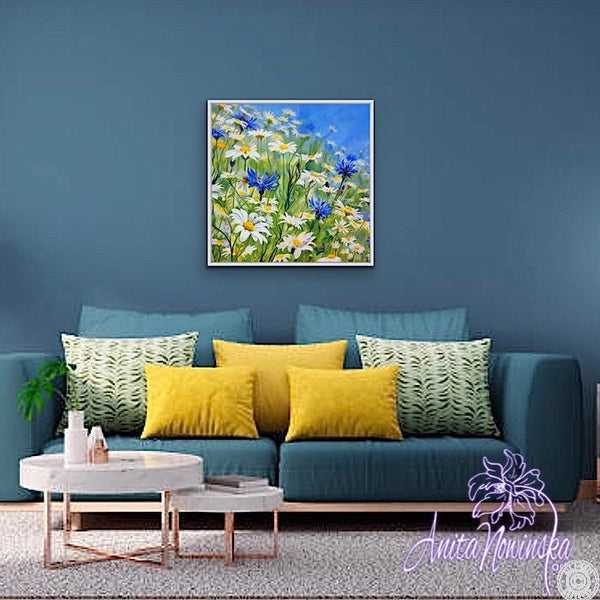 meadow flower painting with daisies & cornflowers Anita Nowinska